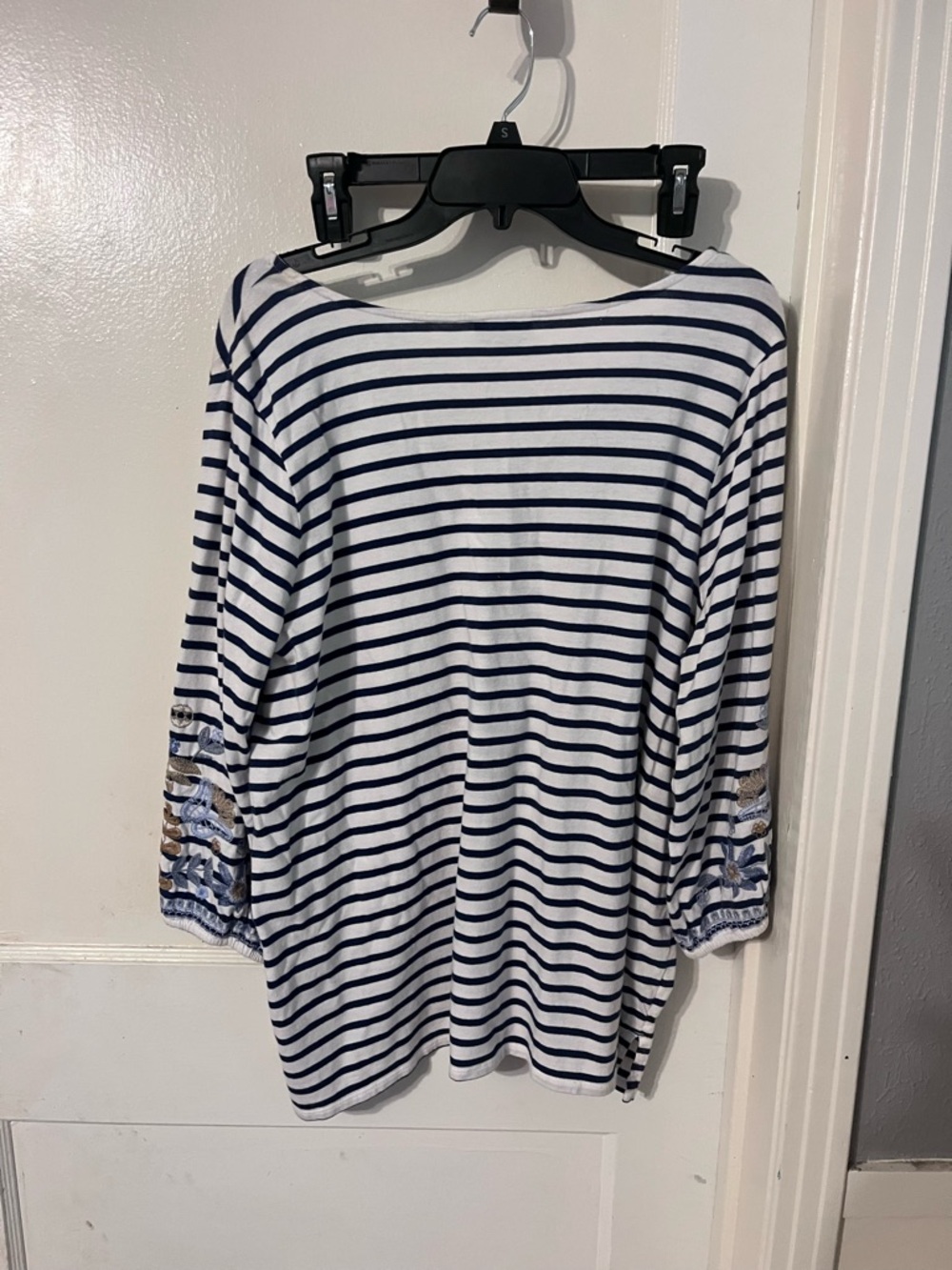 J. Jill Navy and White Striped V-Neck Tunic with Embroidery Sleeves - Picture 5 of 5